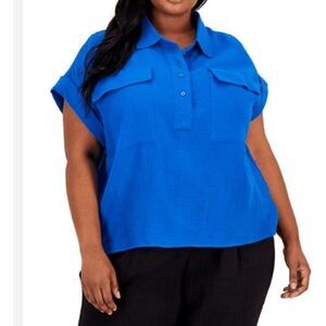 Calvin Klein Women's Plus Size Button-Front Camp Shirt Blue 2X